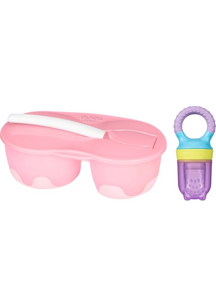 Iki Hazneli Mama Kabı Seti Pembe + Meyve Süzgeci Mor
