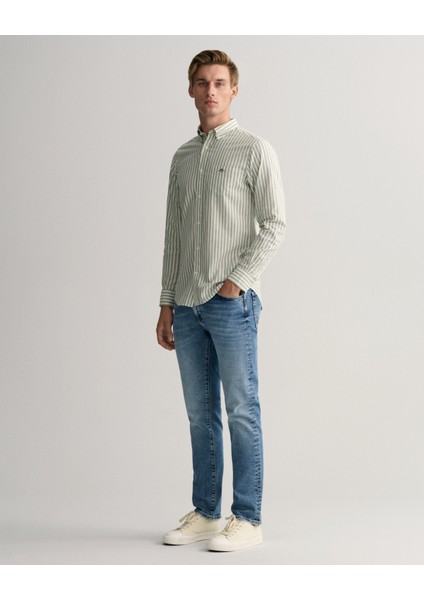 Erkek Yeşil Regular Fit Çizgili Keten Gömlek 3230057.362 fırsatları