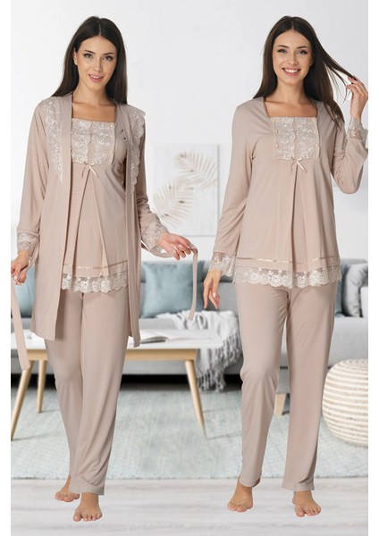 3044 Dantel Sabahlıklı Lohusa Pijama Bej