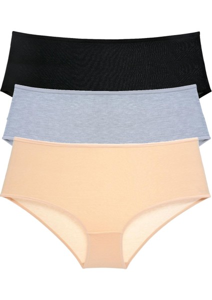 3 Adet Kadın Yüksek Bel Bato Külot Siyah Gri Ten