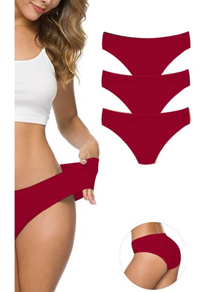 3 Adet Kadın Dikişsiz Lazer Kesim Esnek Iz Yapmayan Külot Bordo