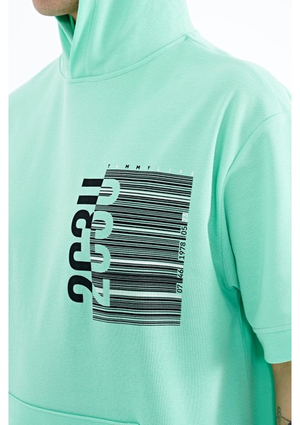Su Yeşili Kapüşonlu Baskılı Kanguru Cepli Oversize Erkek T-shirt - 88196