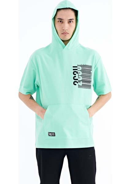 Su Yeşili Kapüşonlu Baskılı Kanguru Cepli Oversize Erkek T-shirt - 88196