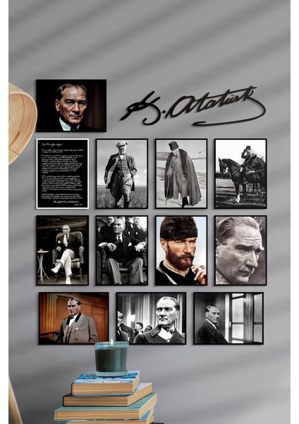 Atatürk Çerçevesiz Çerçeve Görünümlü Atatürk Fotoğrafları 13 Parça Mdf Tablo Seti Atatürk Imzası