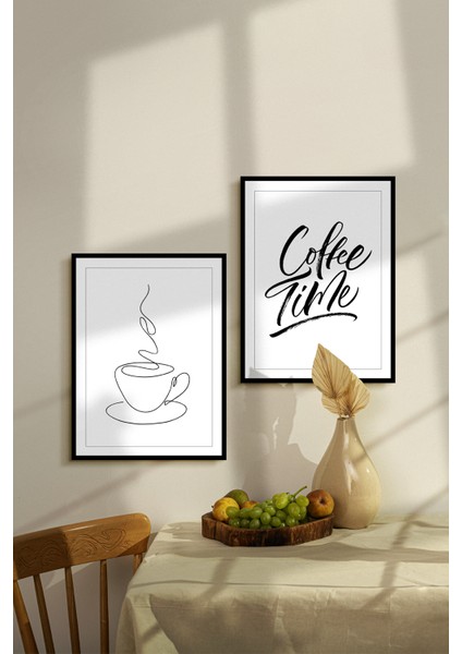 Coffee Time Çerçevesiz Çerçeve Görünümlü 2 Parça Mdf Duvar Tablo Seti Mutfak Temalı Tablo Set