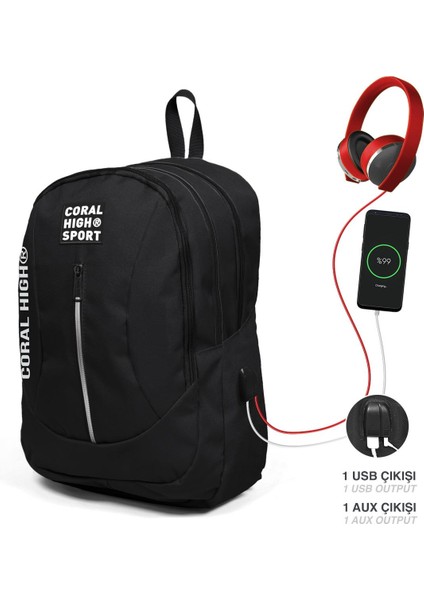 Sport Dört Bölmeli USB Şarjlı Kulaklık Çıkışlı Sırt Çantası