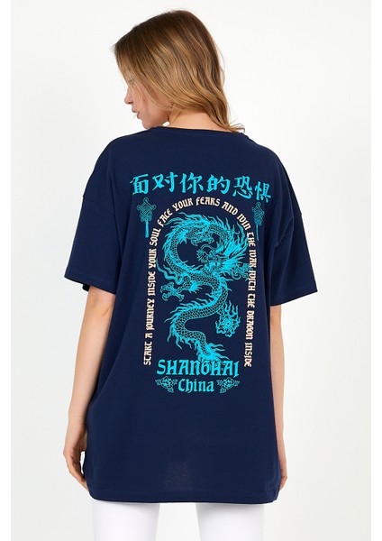 Shanghaı Lacivert Kadın Oversize Geniş Kalıp Bisiklet Yaka Baskılı Kısa Kollu T-Shirt