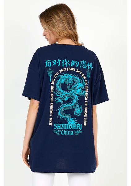 MRS Clothing Shanghaı Lacivert Kadın Oversize Geniş Kalıp Bisiklet Yaka Baskılı Kısa Kollu T-Shirt