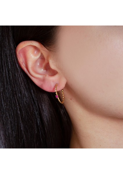 Pembe Taşlı Burgu Yarım Halka Küpe