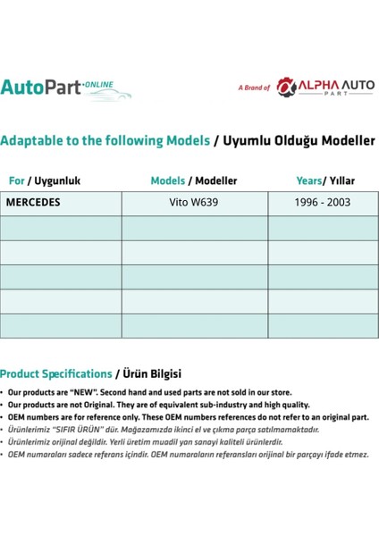 Alpha Auto Part Mercedes Vito , W639 Için Ön Kapı Cam Tamir Takımı-Set