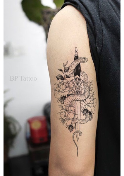 Yılan Kılıç ve Çiçek Dövmesi Unisex Tattoo