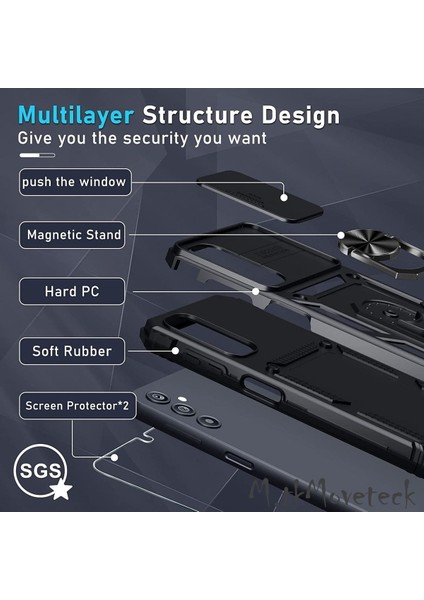 Samsung Galaxy M14 5g Kılıf Kamera Korumalı Sürgülü Yüzüklü Armor Military Zırh Tank Yüzüklü Standlı Kılıf ve Ekran Koruyucu Set