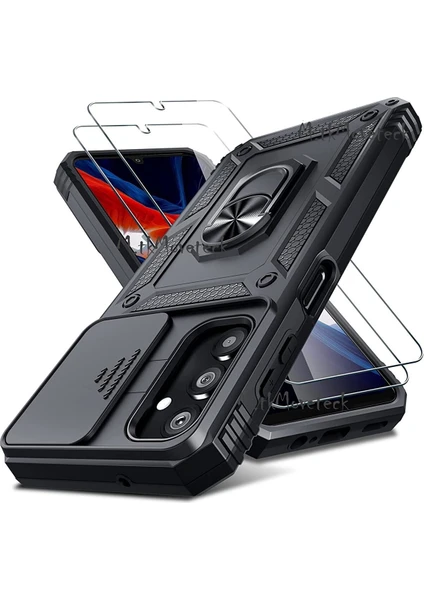 MTK Moveteck Samsung Galaxy A34 5g Kılıf Kamera Korumalı Sürgülü Yüzüklü Armor Military Zırh Tank Yüzüklü Standlı Kılıf ve Ekran Koruyucu Set