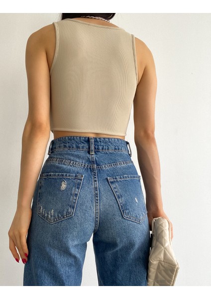 Kare Yaka Korse Görünümlü Crop Top Bluz Bej