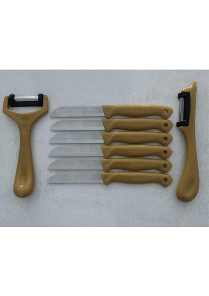 6'lı Meyve-Sebze-Doğrama Bıçağı ve 2'li Soyacak 8'li Set Hardal Sarı