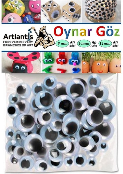 Oynar Göz Seti Siyah 8 mm 10 mm 12 mm 150 Li 1 Paket Oynayan Göz Karışık Hobi Tasarım Anasınıfı Kreş Etkinlik Elişi