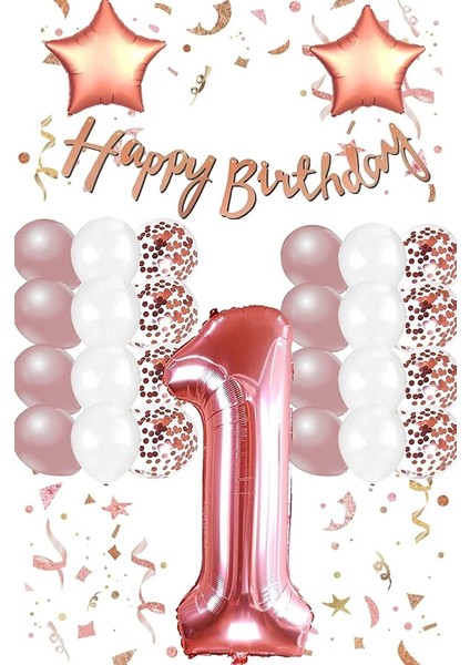 Rose Gold Konsepti 1 Yaş Doğum Günü Seti Rakam ve Yıldız Folyo Balon Banner ve 24 Adet Balon ve Pul