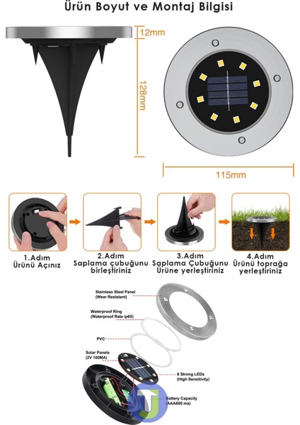 1 Adet Sarı Işık Solar 8 Ledli Kazıklı Çim Zemin Bahçe Aydınlatma Güneş Enerjili 3W