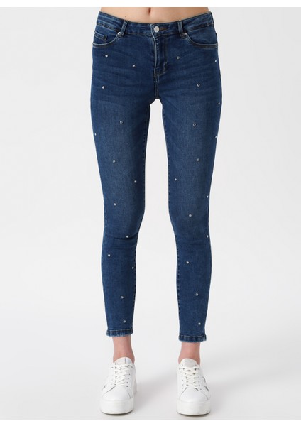 Taş Işlemeli Skinny Mavi Denim Pantolon