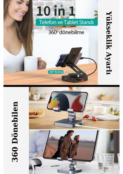 Tablet Standlı 360 Dönebilen 10 In 1 Hub USB HDMI VGA Sd/tf Çoklayıcı Stand