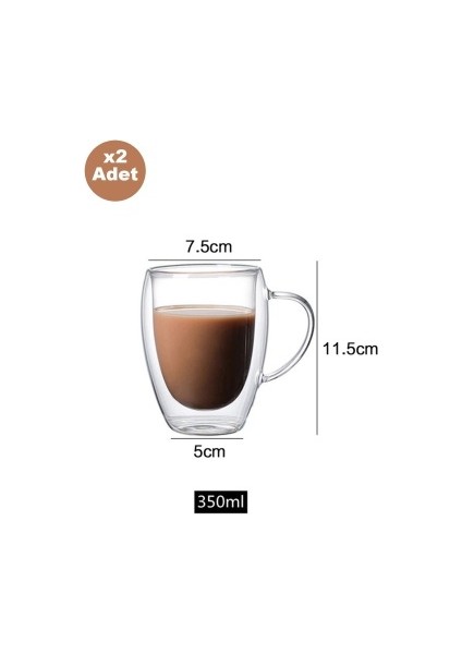 Çift Camlı Çift Cidarlı Cam Kupa 350ml Ev Ofis Fincanı Çift Katlı Isı Yalıtımlı Kulplu Bardak 2Lİ fırsatları