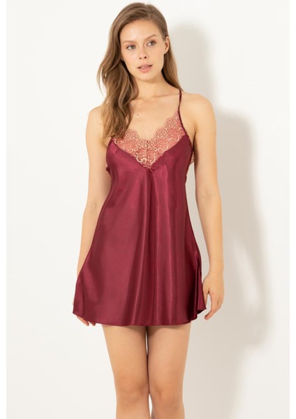 Dantel Detaylı Sırtı Çapraz Askılı Taşlı Saten Gecelik fiyatları