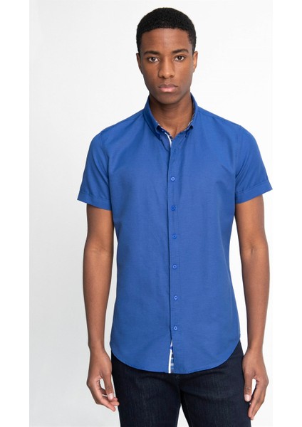 Slim Fit Kısa Kol Düğmeli Yaka Poplin Oxford Erkek Gömlek