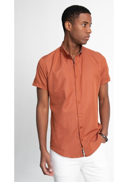 Slim Fit Kısa Kol Düğmeli Yaka Poplin Oxford Erkek Gömlek