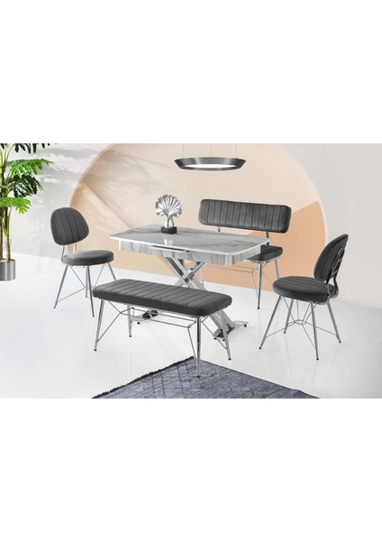 Bench Puf Metal Retro Ayaklı Gri Babyface Kumaş