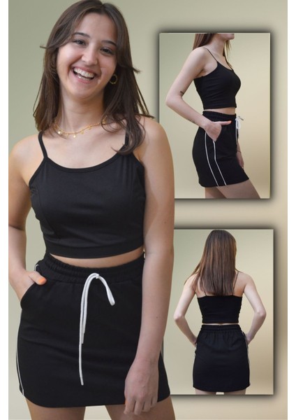 Kadın Siyah Yüksek Bel Yanlardan Cepli Bağcıklı Mini Etek