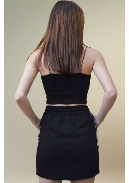 Kadın Siyah Yüksek Bel Yanlardan Cepli Bağcıklı Mini Etek fırsatları