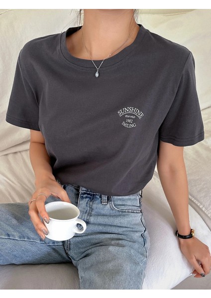 Kadın Füme Sunshine Baskılı Oversize Tişört