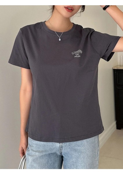 Kadın Füme Sunshine Baskılı Oversize Tişört