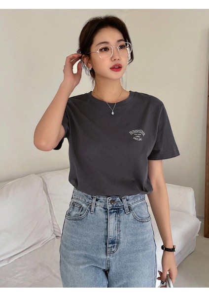 Kadın Füme Sunshine Baskılı Oversize Tişört