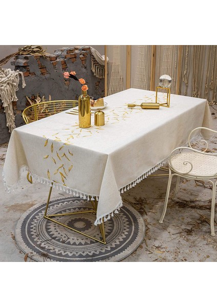140X220CM Keten Masa Örtüsü (Altın) (Yurt Dışından)