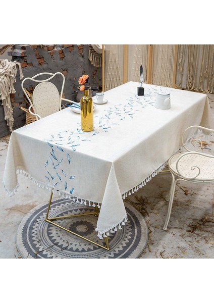 140X180CM Keten Masa Örtüsü (Mavi) (Yurt Dışından)