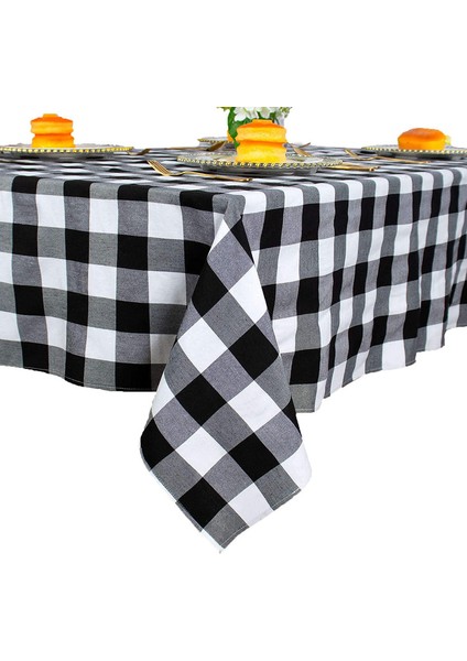Kare Masa Örtüsü 140 x 140 cm Siyah ve Beyaz Izgara (Yurt Dışından)