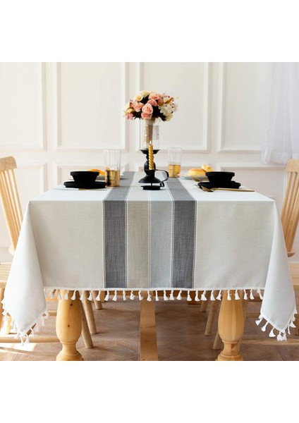 Çizgili Ponponlu Dikdörtgen Masa Örtüsü 140X200CM (Yurt Dışından)