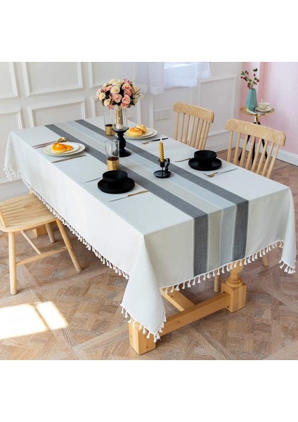 Çizgili Ponponlu Dikdörtgen Masa Örtüsü 140X200CM (Yurt Dışından) indirimleri