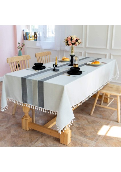 Çizgili Ponponlu Dikdörtgen Masa Örtüsü 140X260CM (Yurt Dışından) fırsatları