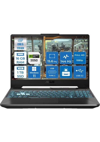 TUF Gaming F15 Intel Core i5 11400H 16GB 1TB SSD 4GB RTX2050 Windows 11 Pro 15.6" FHD 144Hz Taşınabilir Bilgisayar FX506HF-HN03006