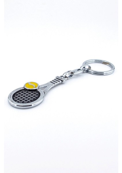 Tenis Raketi ve Sarı Top Parlak Metal Anahtarlık