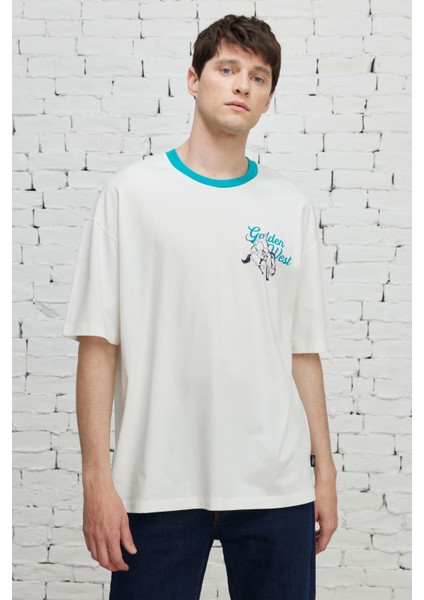 Erkek Ekru Oversize Bol Kesim Bisiklet Yaka %100 Pamuk Baskılı Tişört