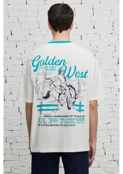 Erkek Ekru Oversize Bol Kesim Bisiklet Yaka %100 Pamuk Baskılı Tişört fiyatları