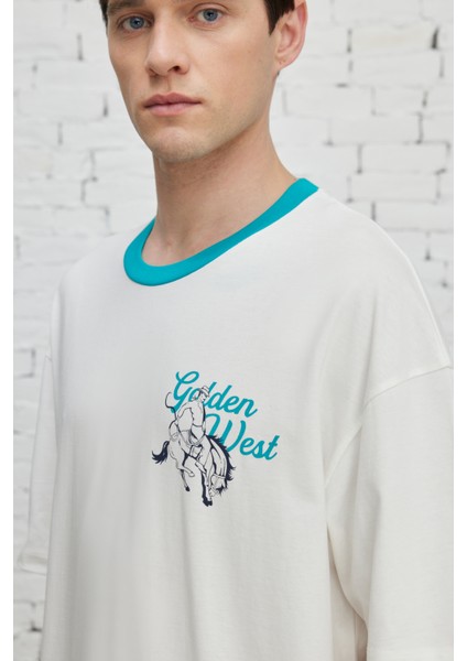 Erkek Ekru Oversize Bol Kesim Bisiklet Yaka %100 Pamuk Baskılı Tişört modelleri