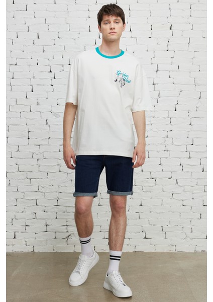Erkek Ekru Oversize Bol Kesim Bisiklet Yaka %100 Pamuk Baskılı Tişört fırsatları