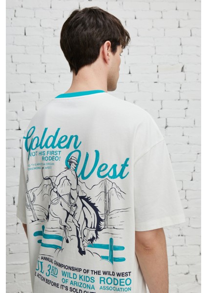 Erkek Ekru Oversize Bol Kesim Bisiklet Yaka %100 Pamuk Baskılı Tişört indirimleri