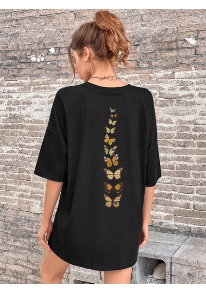 Kadın Dikey Kelebekler Baskılı Oversize Tişört modelleri
