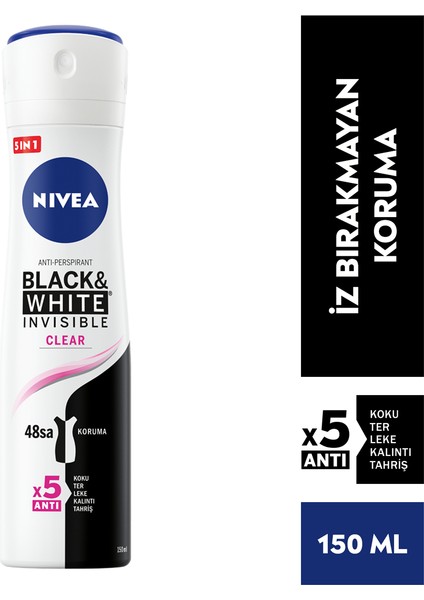 Kadın Sprey Deodorant Black&white Invisible Clear 48 Saat Anti-Perspirant Koruma 150ML x 5 Adet