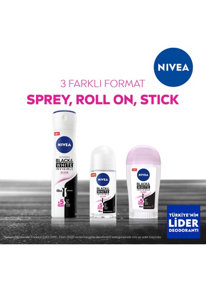 Kadın Sprey Deodorant Black&white Invisible Clear 48 Saat Anti-Perspirant Koruma 150ML x 5 Adet